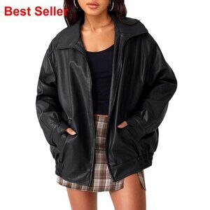 Oversized Faux Leather Motorcycle Jacket, Zipper Closure, Fall Outerwear